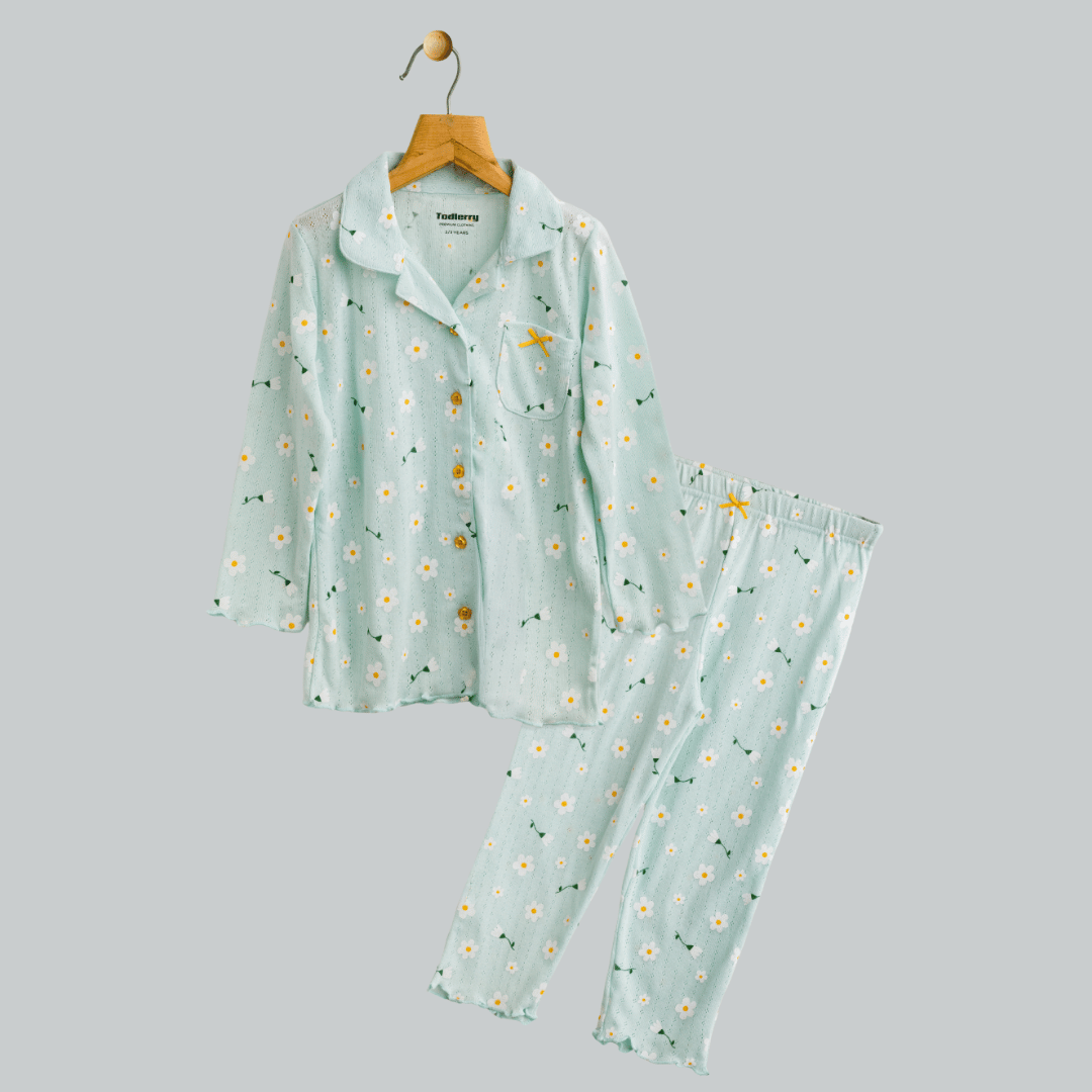 Todlerry Girls Night Suit | Aqua | Soft & Breathable | 100% Cotton