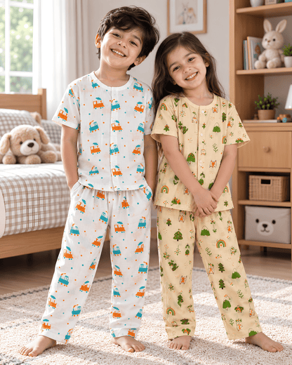 Cotton Kids Nightsuits - Pack of 2 Short Sleeve Sets for Boys & Girls