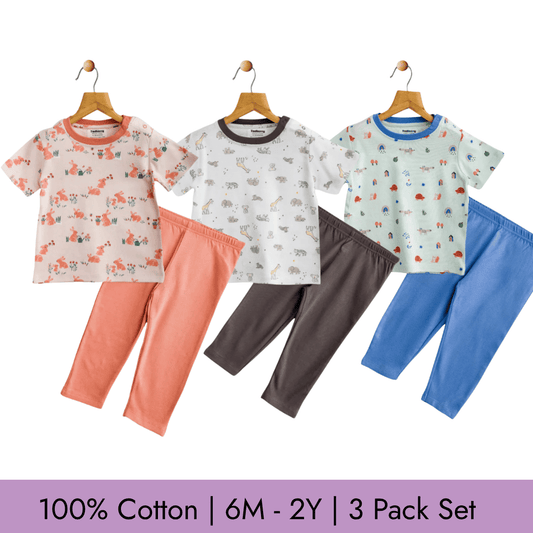 Todlerry Unisex Pajama set | Set of 3 | Soft & Breathable | 100% Cotton