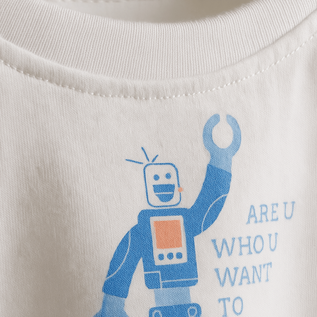 Boys Cotton T-Shirt White Robot Print Soft & Breathable 100% Cotton