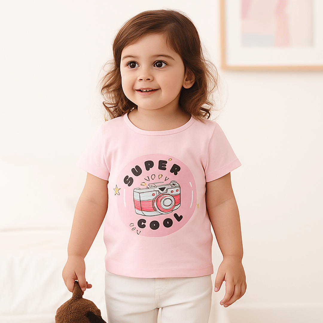 Girls Cotton T-Shirt Pink Supper Cool Print Soft & Breathable 100% Cotton