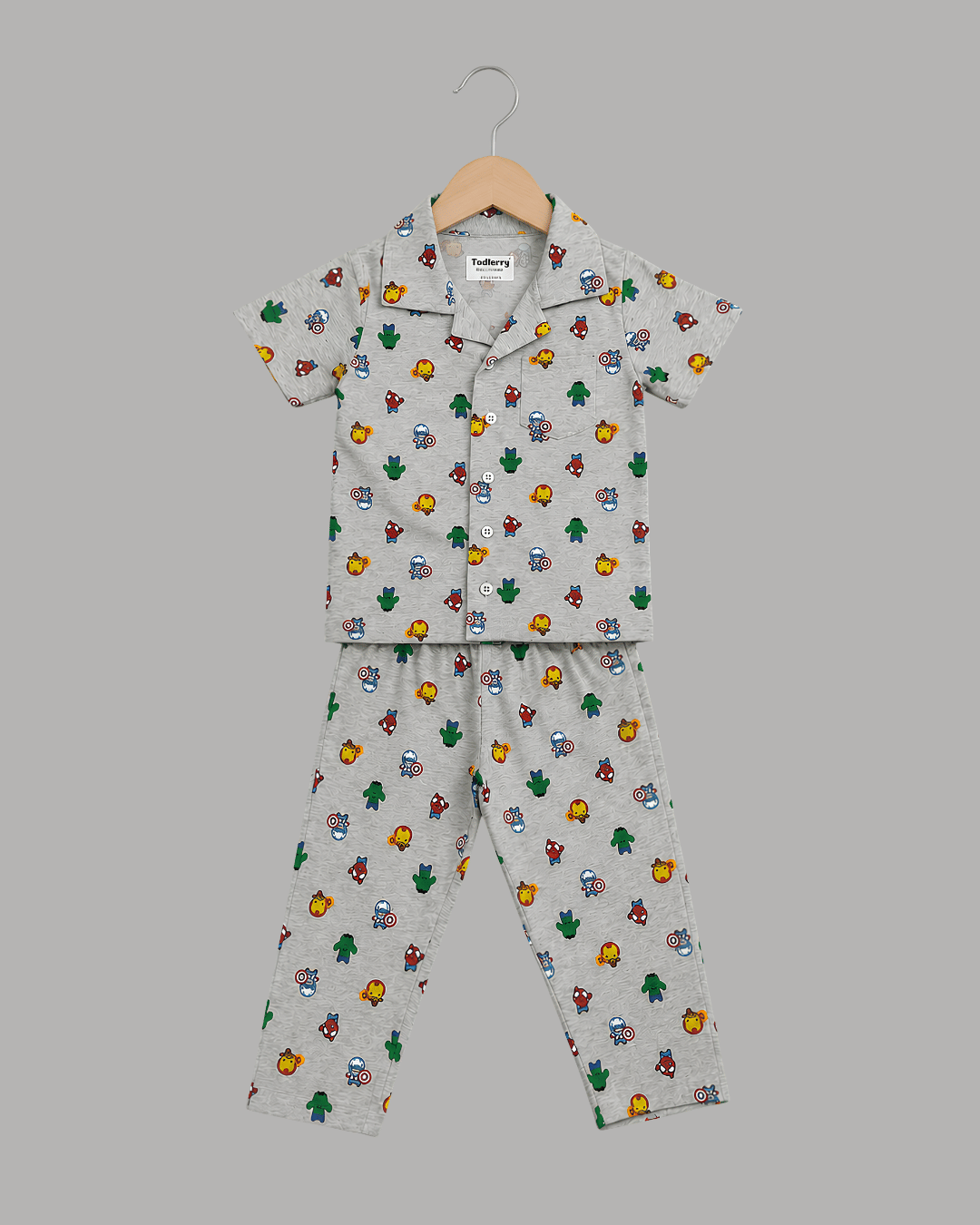 Todlerry Kids Superhero Cotton Button-Down Pajama Night suite Co-ord sets