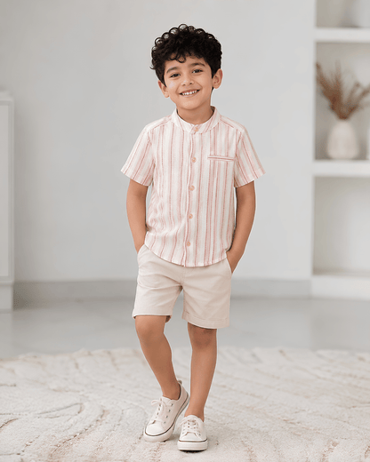 Boys Half Sleeve Striped Cotton Shirt, Soft Mandarin Collar Casual Shirt for Kids