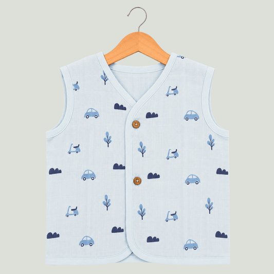 Unisex Soft Cotton Sleeveless Road Trip Blue Jhabla