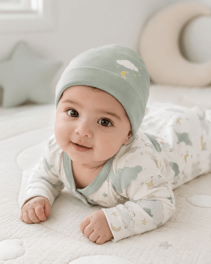 Dreamy Cloud & Moon Green Baby Beanie Cap