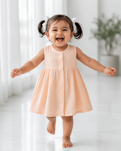 Premium Apricot Muslin Sleeveless Frock – 100% Organic Cotton Baby Dress