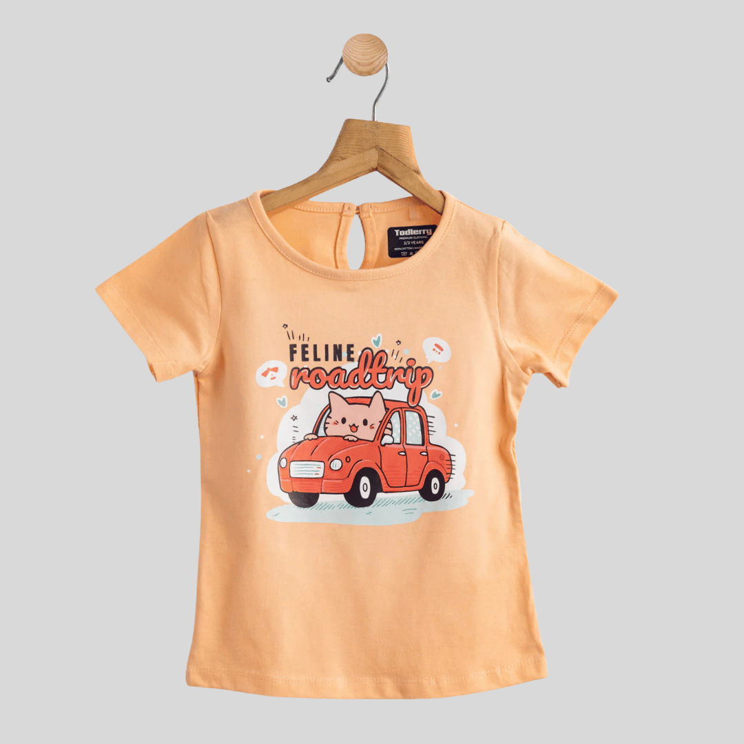 Girls Cotton T-Shirt Peach RoadTrip Print Soft & Breathable 100% Cotton
