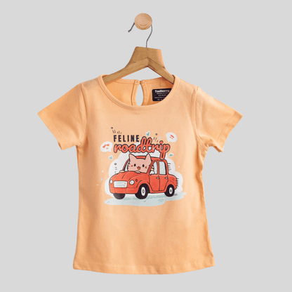 Girls Cotton T-Shirt Peach RoadTrip Print Soft & Breathable 100% Cotton