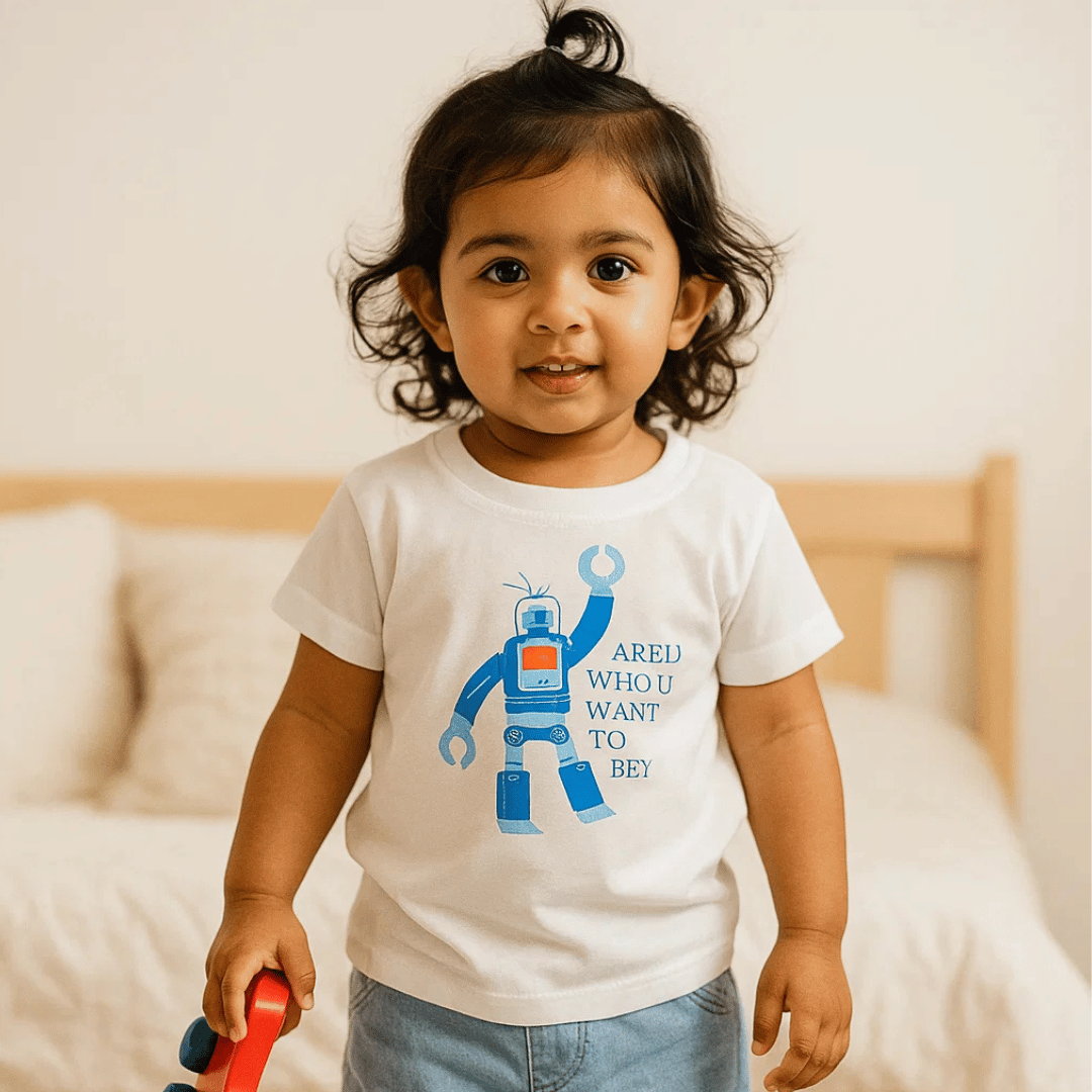 Boys Cotton T-Shirt White Robot Print Soft & Breathable 100% Cotton