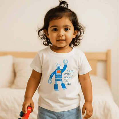 Boys Cotton T-Shirt White Robot Print Soft & Breathable 100% Cotton