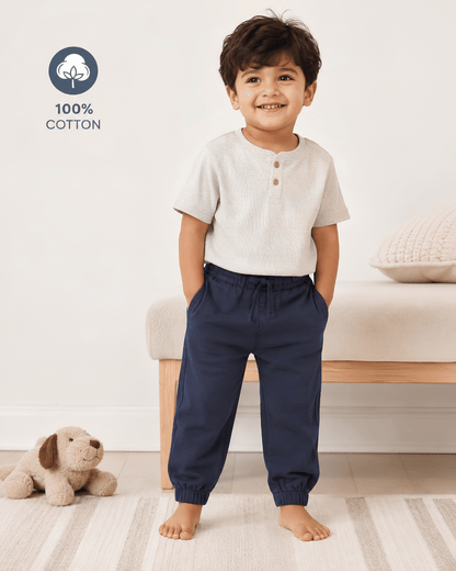 Kids Navy Blue Pull-On Cotton Pants | Boys Jogger Style Chinos