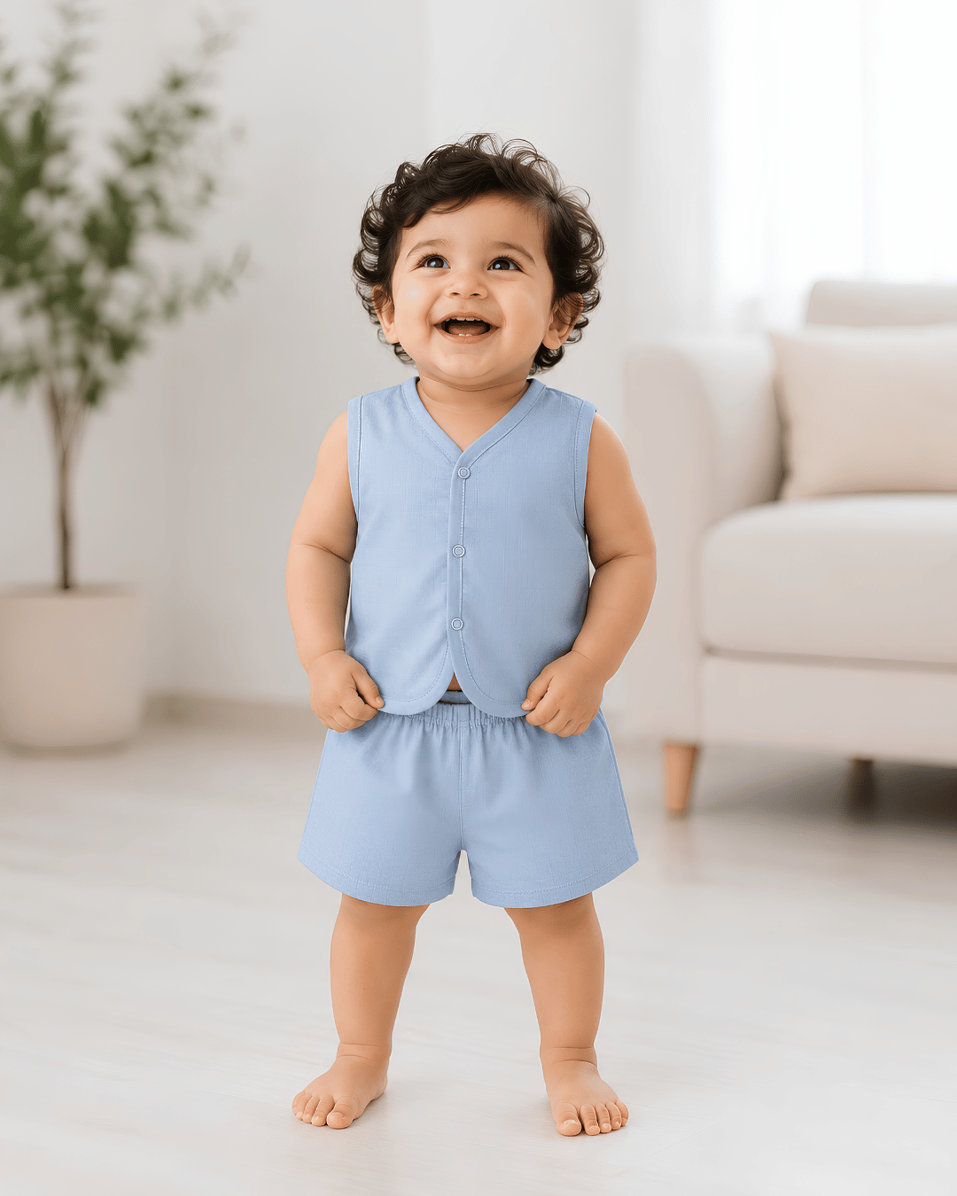 Soft Cotton Baby Blue Colour Jhabla & Shorts Set