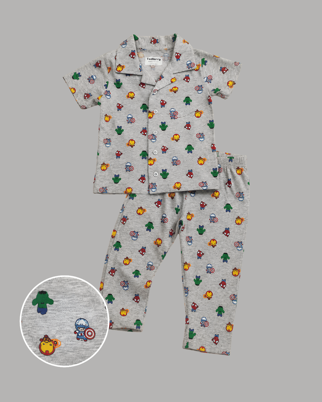 Todlerry Kids Superhero Cotton Button-Down Pajama Night suite Co-ord sets