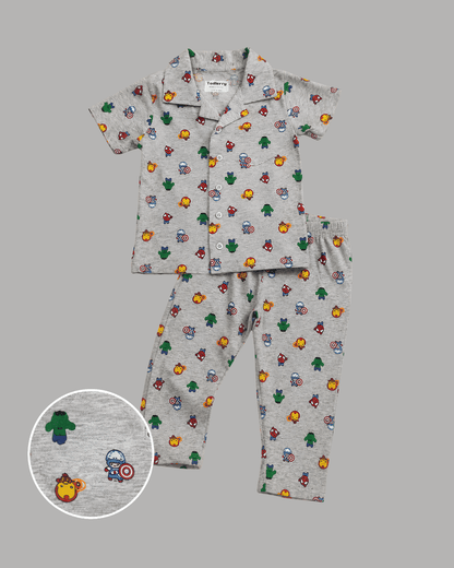 Todlerry Kids Superhero Cotton Button-Down Pajama Night suite Co-ord sets