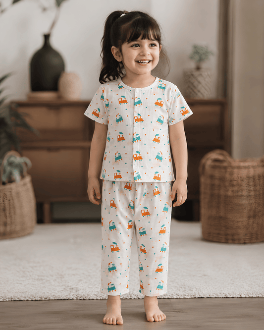 Toddler Cotton Night Suit - White Toy Train Print Unisex Sleepwear Set