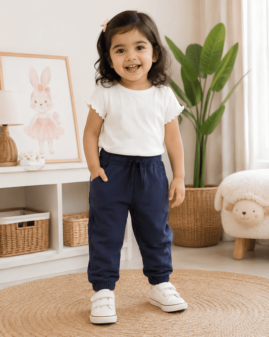 Kids Navy Blue Pull-On Cotton Pants | Boys Jogger Style Chinos