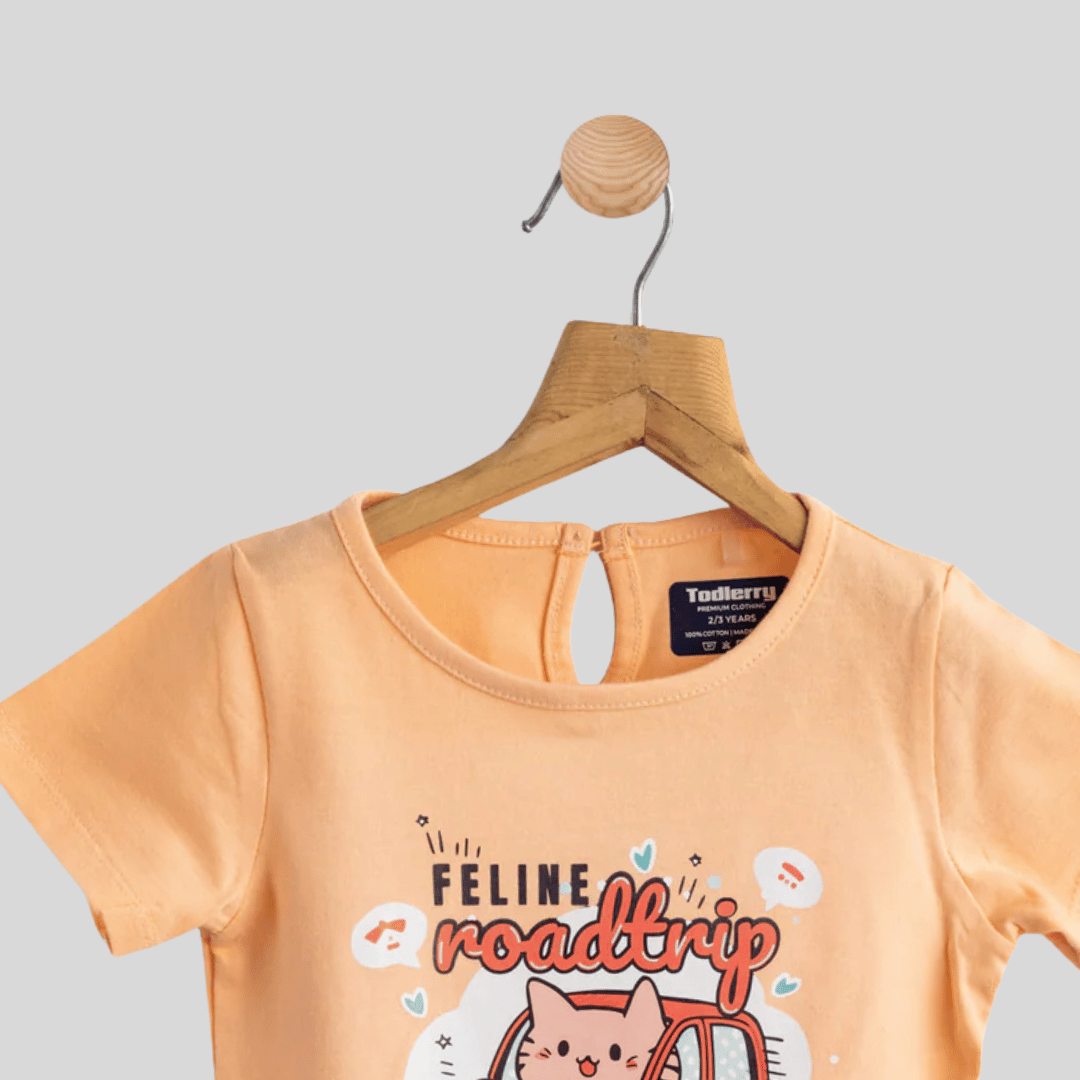 Girls Cotton T-Shirt Peach RoadTrip Print Soft & Breathable 100% Cotton