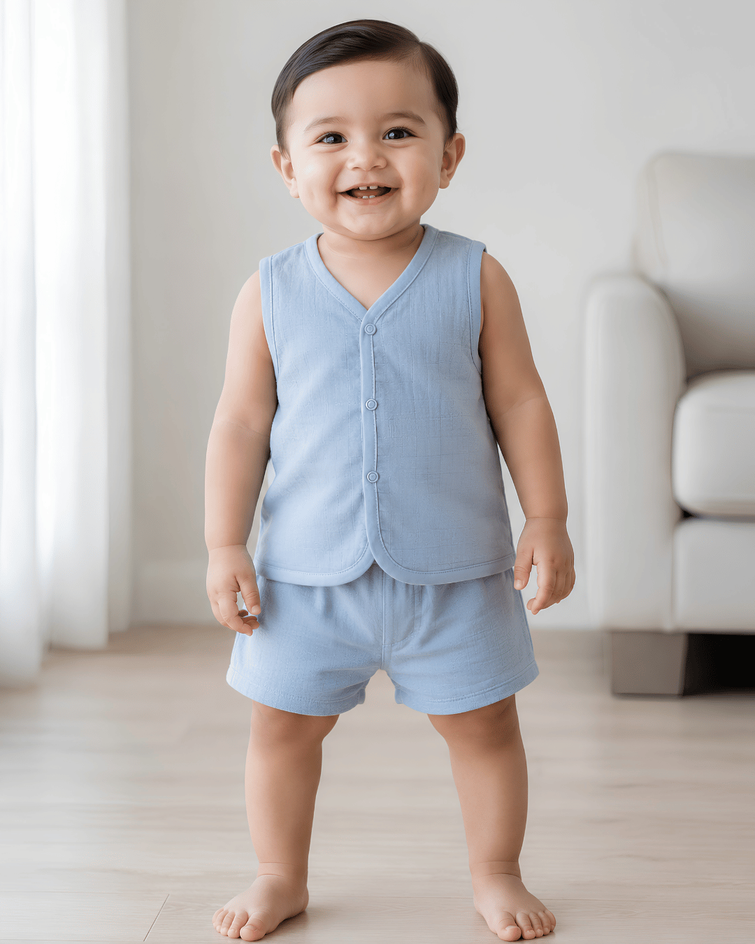Soft Cotton Baby Blue Colour Jhabla & Shorts Set