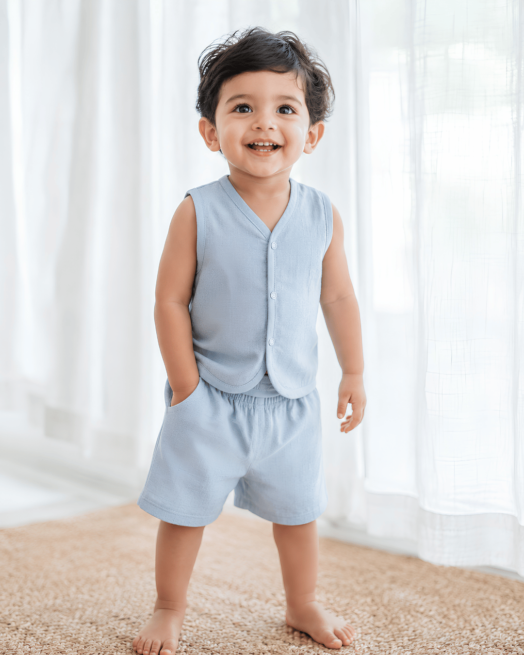 Soft Cotton Baby Blue Colour Jhabla & Shorts Set