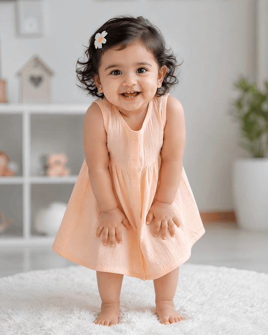 Premium Apricot Muslin Sleeveless Frock – 100% Organic Cotton Baby Dress