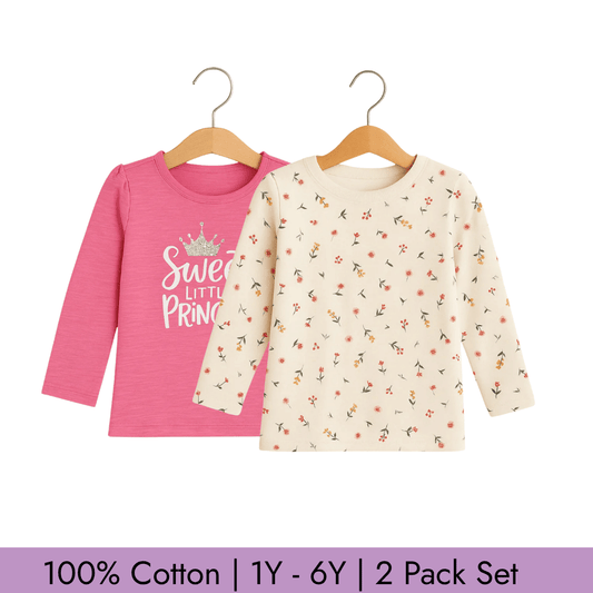 Todlerry Full Sleeves Girls T-shirts | Pack of 2 |  Soft & Breathable | 100% Cotton