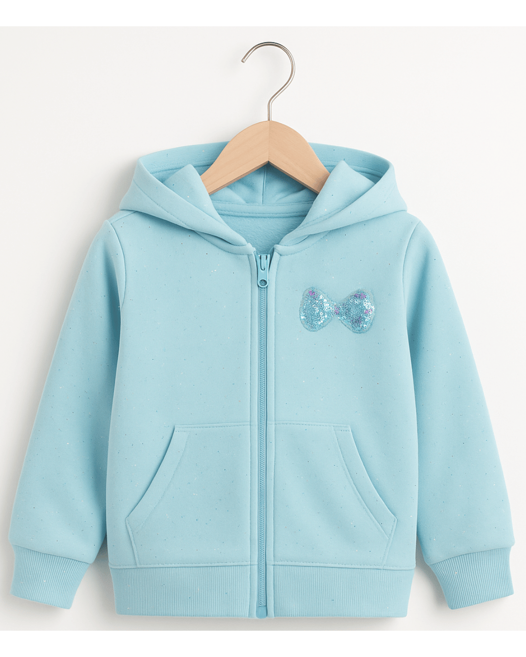 Girl's Blue Glitter Full Sleeve with Front Zipper Hoodie for Kids 100% Cotton