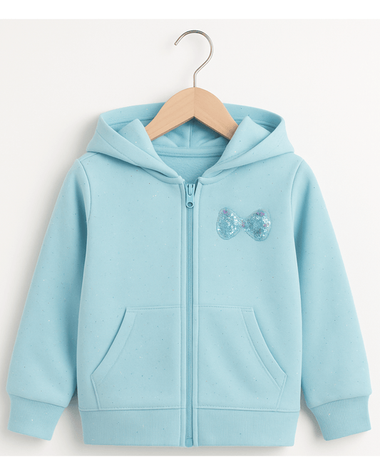 Girl's Blue Glitter Full Sleeve with Front Zipper Hoodie for Kids 100% Cotton
