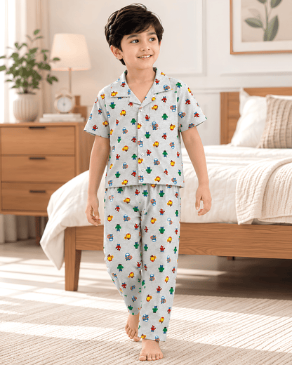 Todlerry Kids Superhero Cotton Button-Down Pajama Night suite Co-ord sets