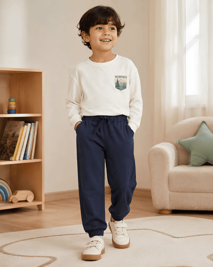 Kids Navy Blue Pull-On Cotton Pants | Boys Jogger Style Chinos