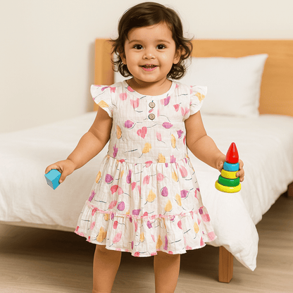 Todlerry Sleeveless Girls Frock |  Green & Pink Floral Print | 100% Cotton