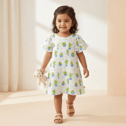 Cute Butterfly Sleeve Cotton Frock for Girls