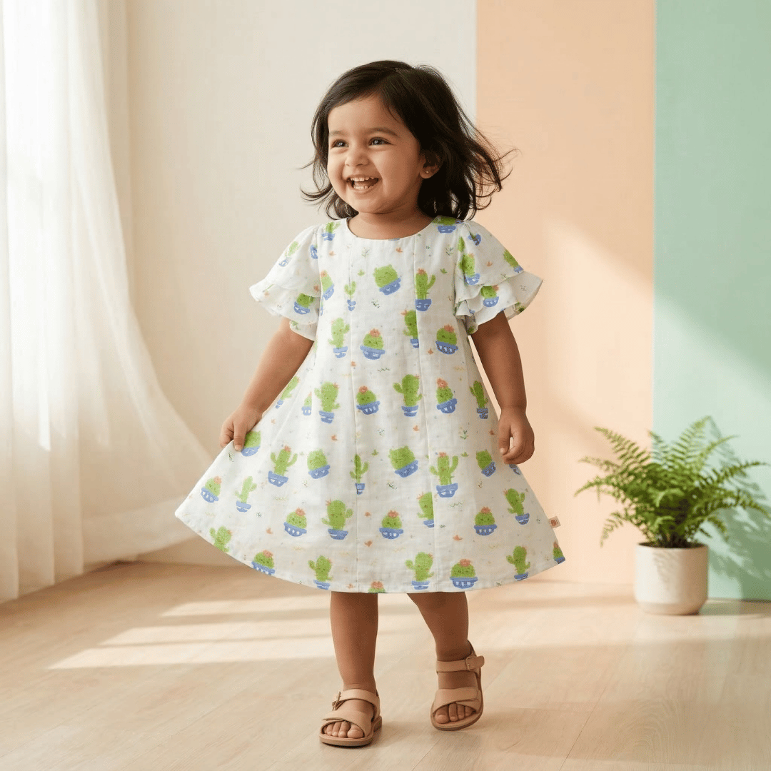 Cute Butterfly Sleeve Cotton Frock for Girls