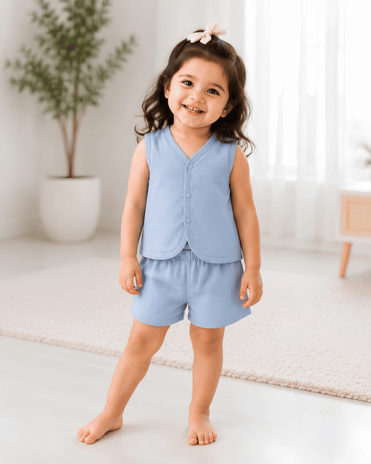 Soft Cotton Baby Blue Colour Jhabla & Shorts Set
