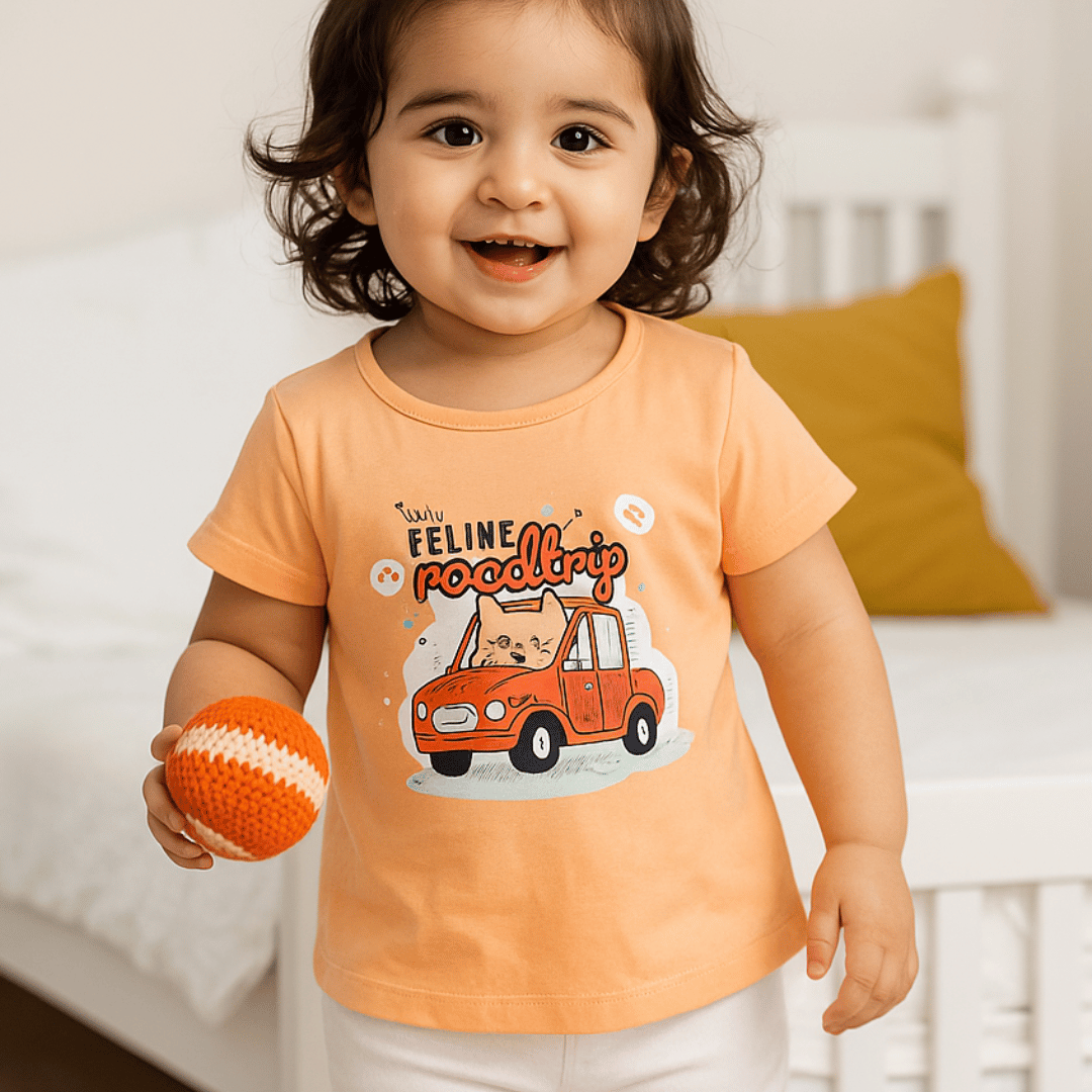 Girls Cotton T-Shirt Peach RoadTrip Print Soft & Breathable 100% Cotton