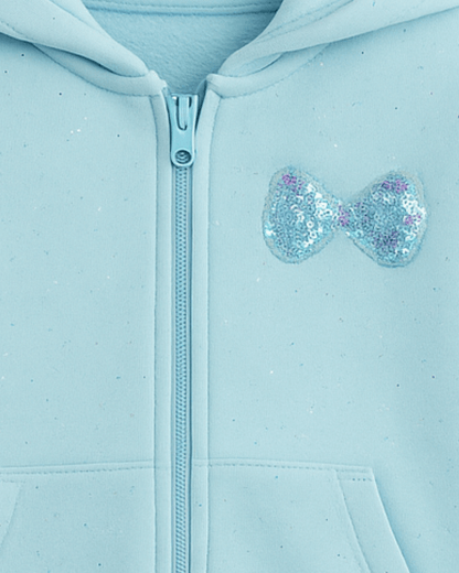 Girl's Blue Glitter Full Sleeve with Front Zipper Hoodie for Kids 100% Cotton