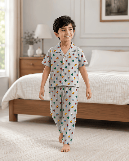Todlerry Kids Superhero Cotton Button-Down Pajama Night suite Co-ord sets