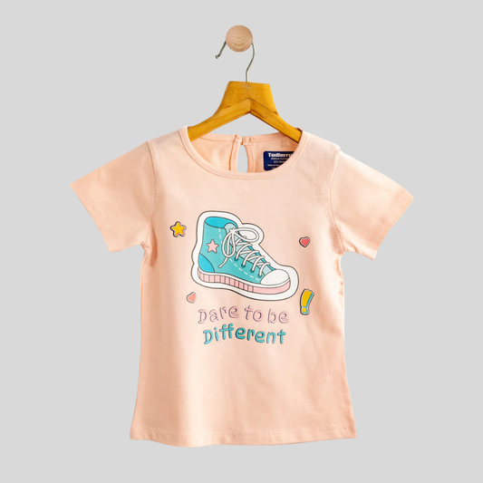 Todlerry Girls Cotton T-Shirt | Peach Shoe Print| Soft & Breathable | 100% Cotton