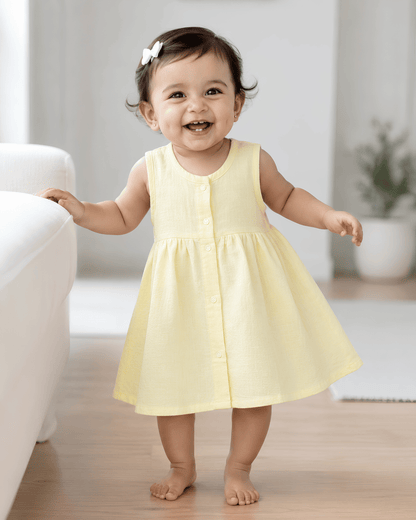 Premium Light Yellow Muslin Sleeveless Frock – 100% Organic Cotton Baby Dress
