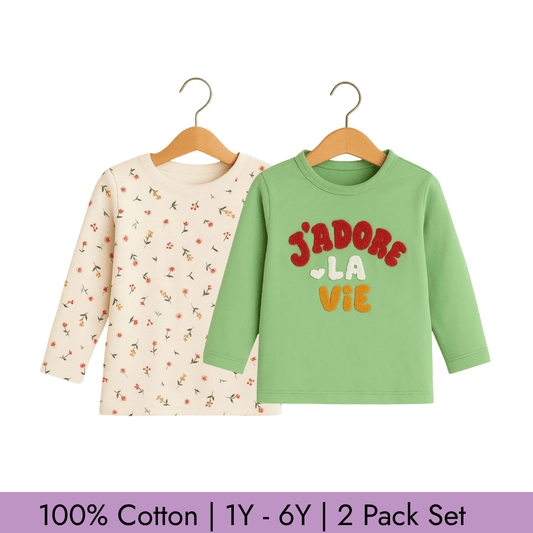 Todlerry Full Sleeves Girls T-shirts | Pack of 2 |Soft & Breathable | 100% Cotton