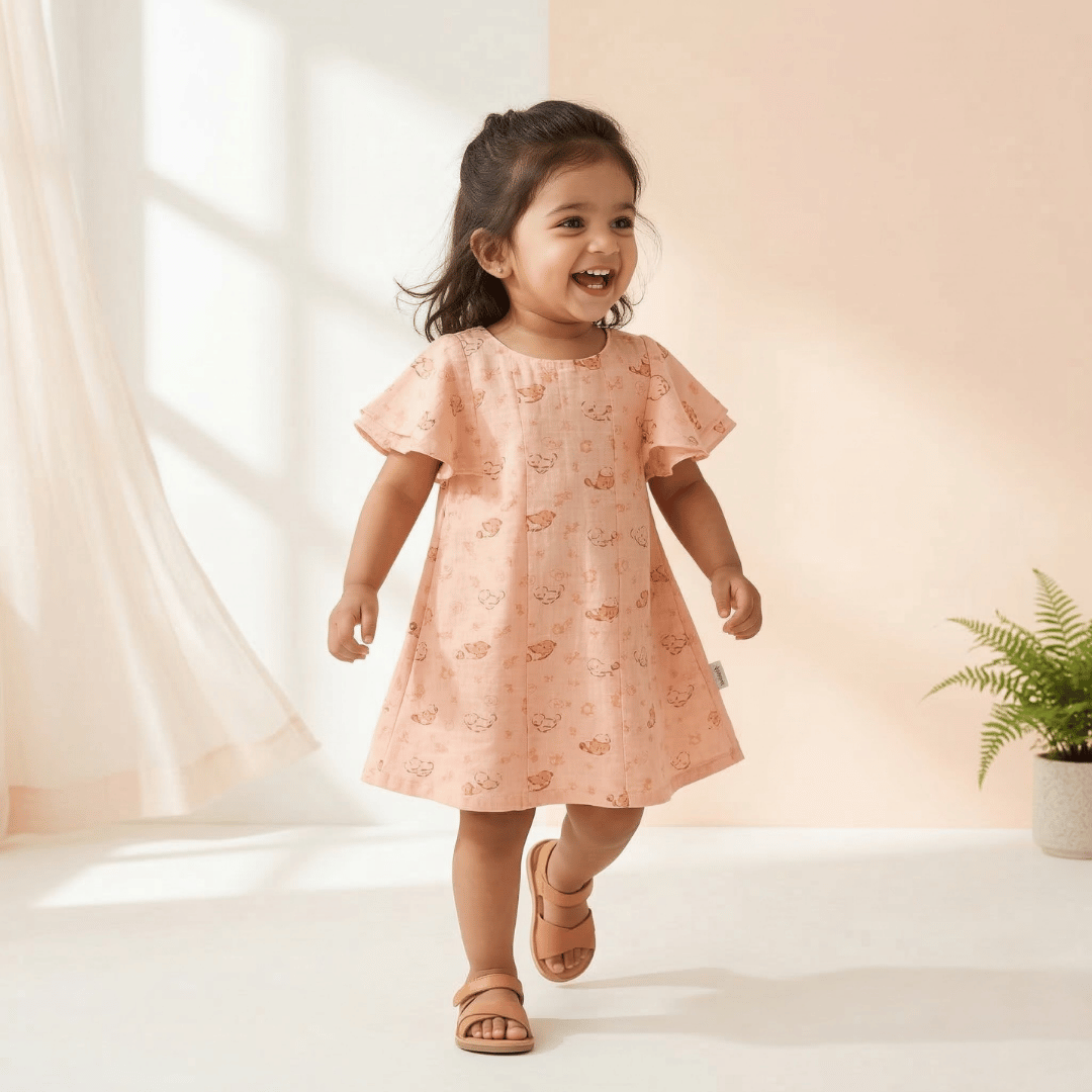 Cute Butterfly Sleeve Cotton Frock for Girls