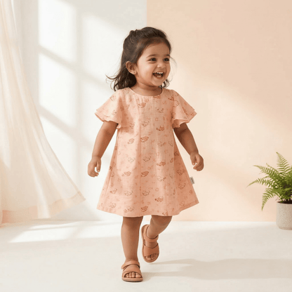 Cute Butterfly Sleeve Cotton Frock for Girls
