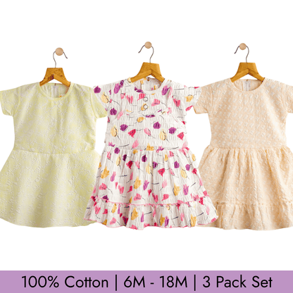 Todlerry Girls Frock | Pack of 3 |Soft & Breathable | 100% Cotton