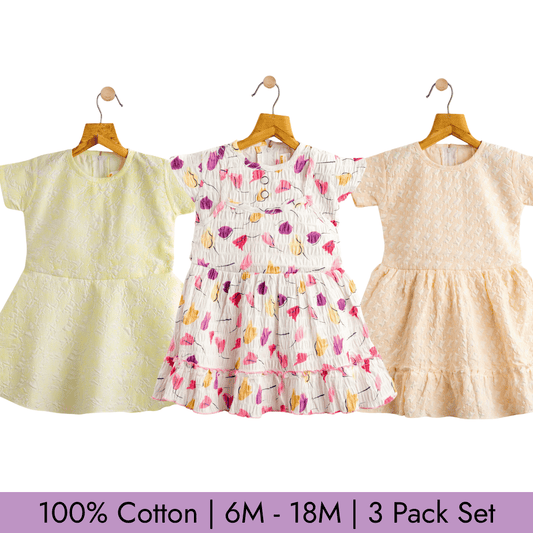 Todlerry Girls Frock | Pack of 3 |Soft & Breathable | 100% Cotton
