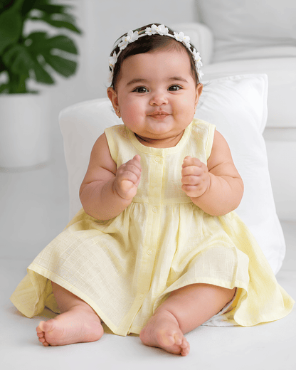Premium Light Yellow Muslin Sleeveless Frock – 100% Organic Cotton Baby Dress