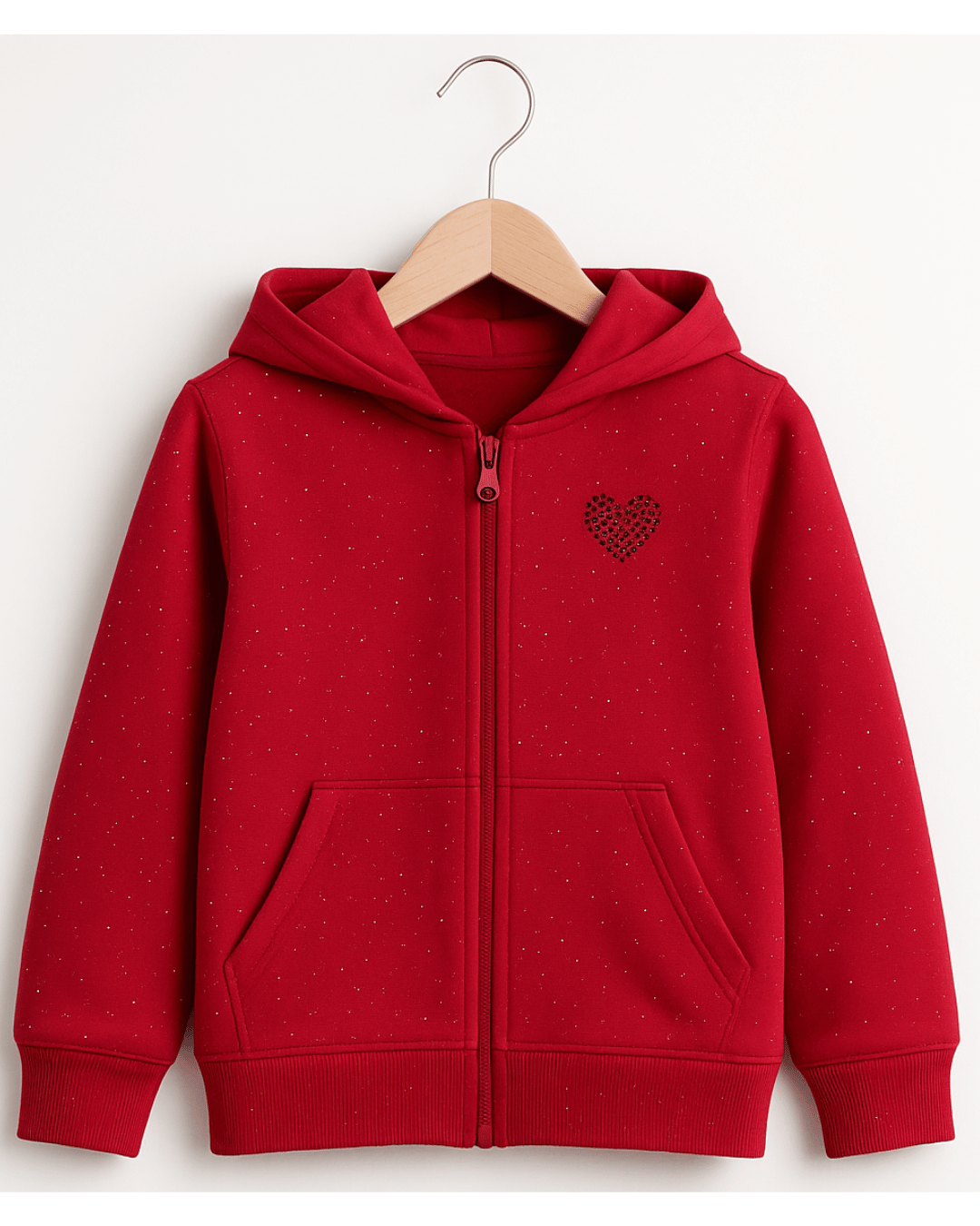 Girl's Red Glitter Full Sleeve with Front Zipper Hoodie for Kids 100% Cotton