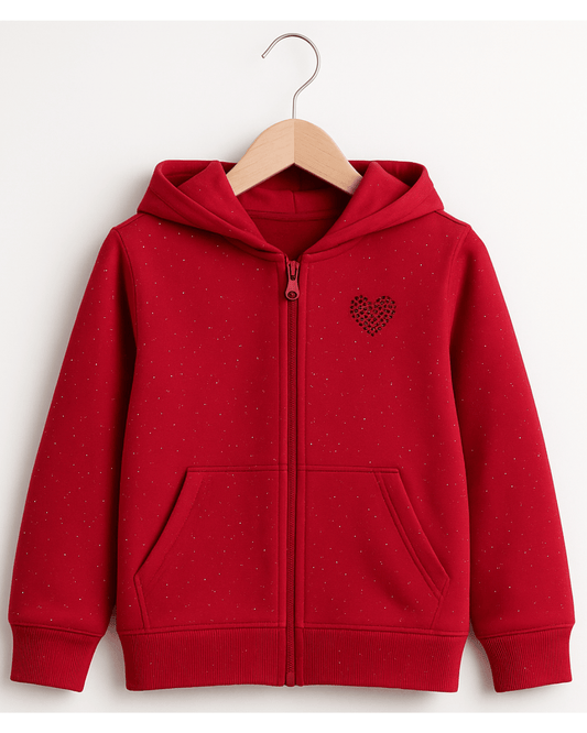 Girl's Red Glitter Full Sleeve with Front Zipper Hoodie for Kids 100% Cotton