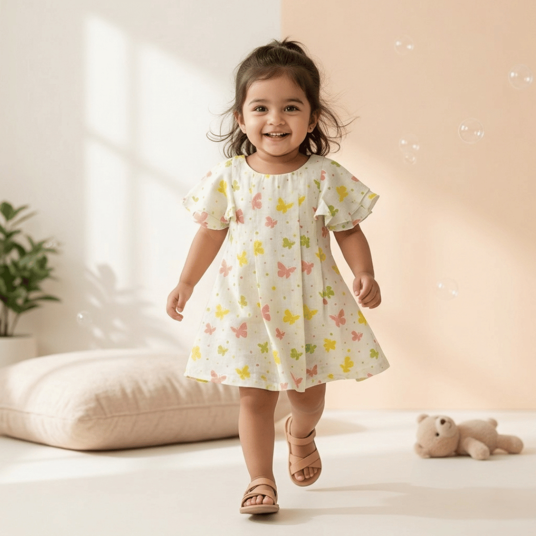 Cute Butterfly Sleeve Cotton Frock for Girls