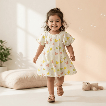 Cute Butterfly Sleeve Cotton Frock for Girls