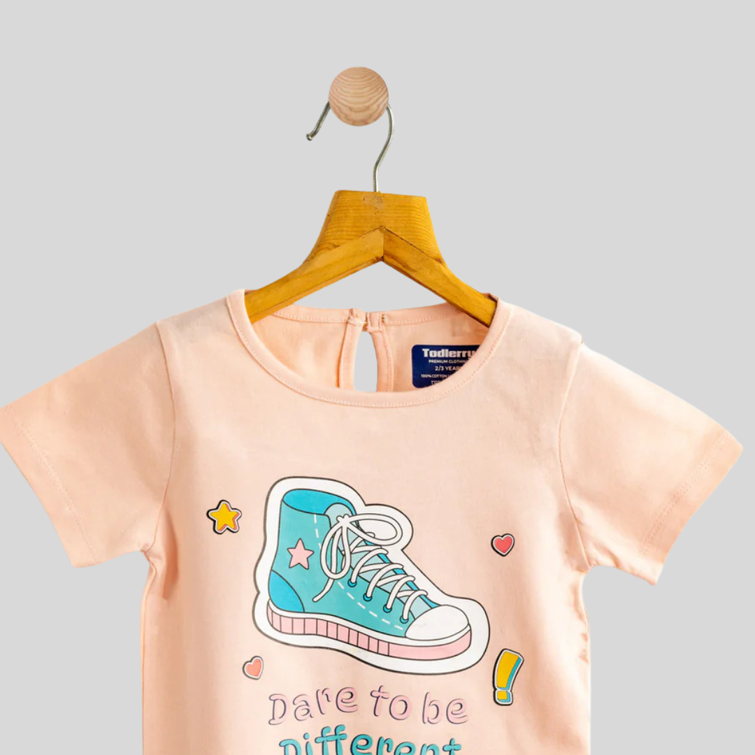 Girls Cotton T-Shirt Peach Shoe Print Soft & Breathable 100% Cotton