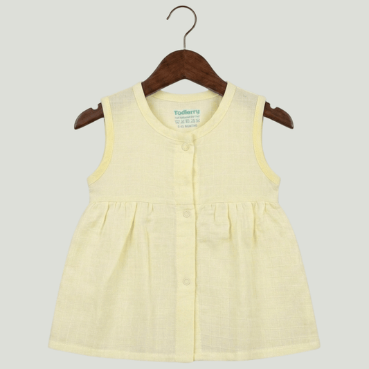 Premium Light Yellow Muslin Sleeveless Frock – 100% Organic Cotton Baby Dress